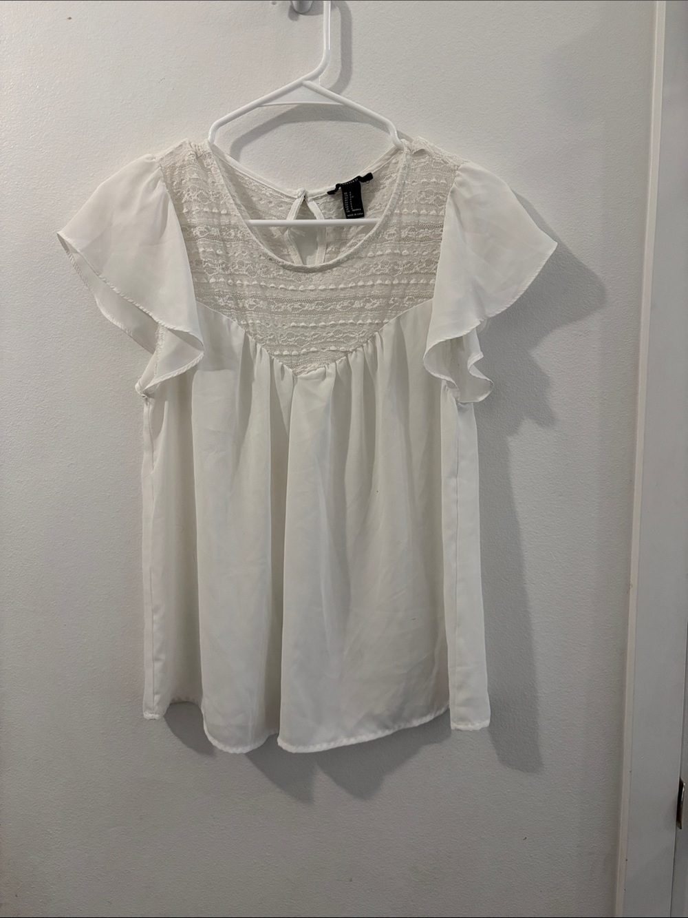 Forever 21 White Flutter Sleeve Lace Yoke Blouse